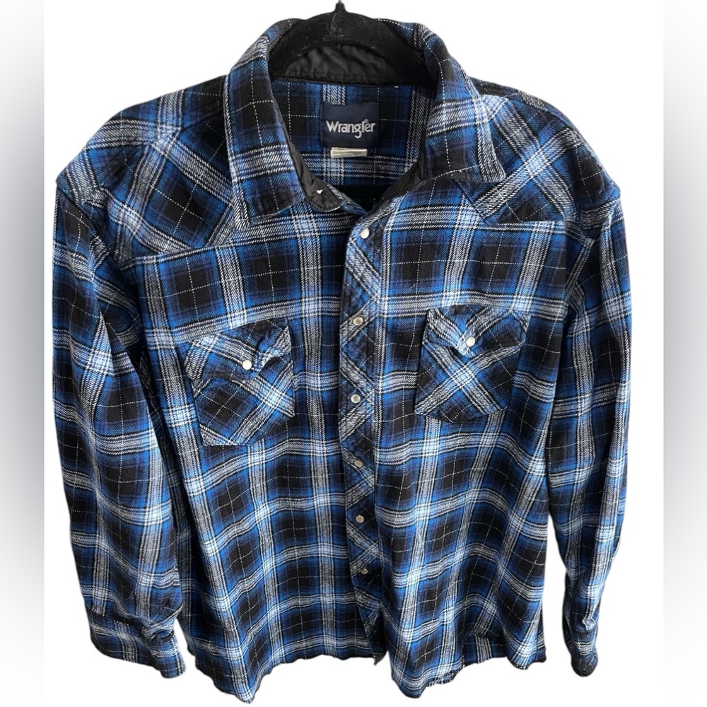 Wrangler Wrancher Men's XXL Blue/Black Plaid Pearl Snaps Long Sleeve Button Down